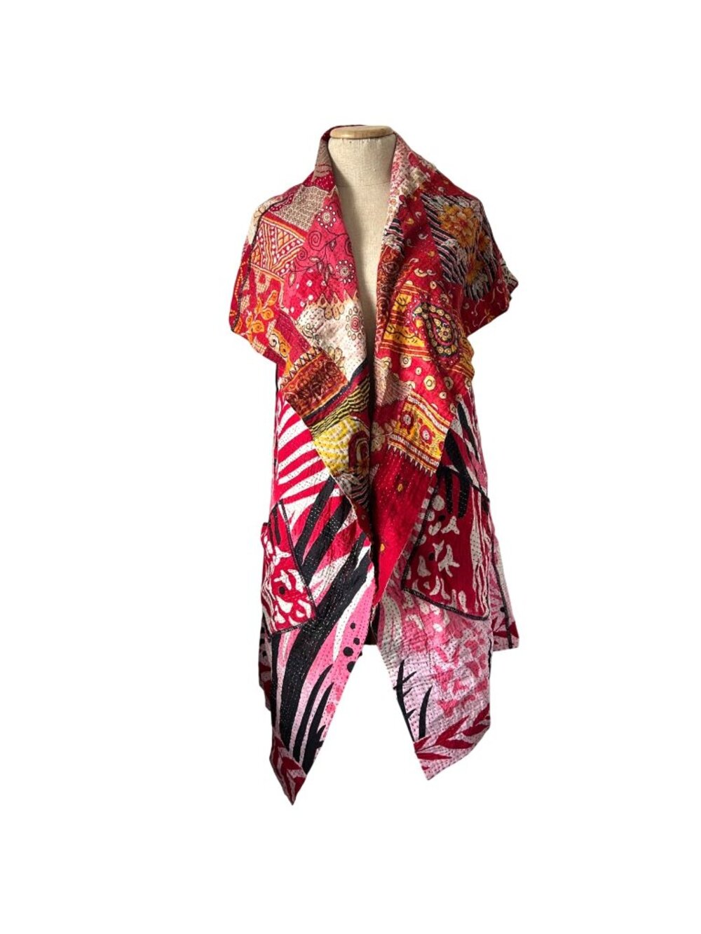 Mieko Handmade Kantha Patchwork Open Front Vest With Boho Chic Design